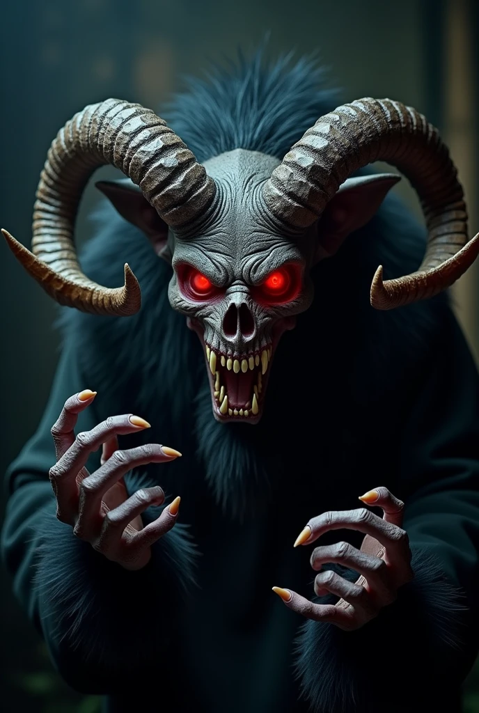 a detailed portrait of krampos, evil demonic creature, horns, sharp fangs, glowing red eyes, deformed hands with claws, dark leathery skin, twisted expression, sinister and malevolent, dark cinematic lighting, moody colors, surreal, (best quality,4k,8k,highres,masterpiece:1.2),ultra-detailed,(realistic,photorealistic,photo-realistic:1.37)