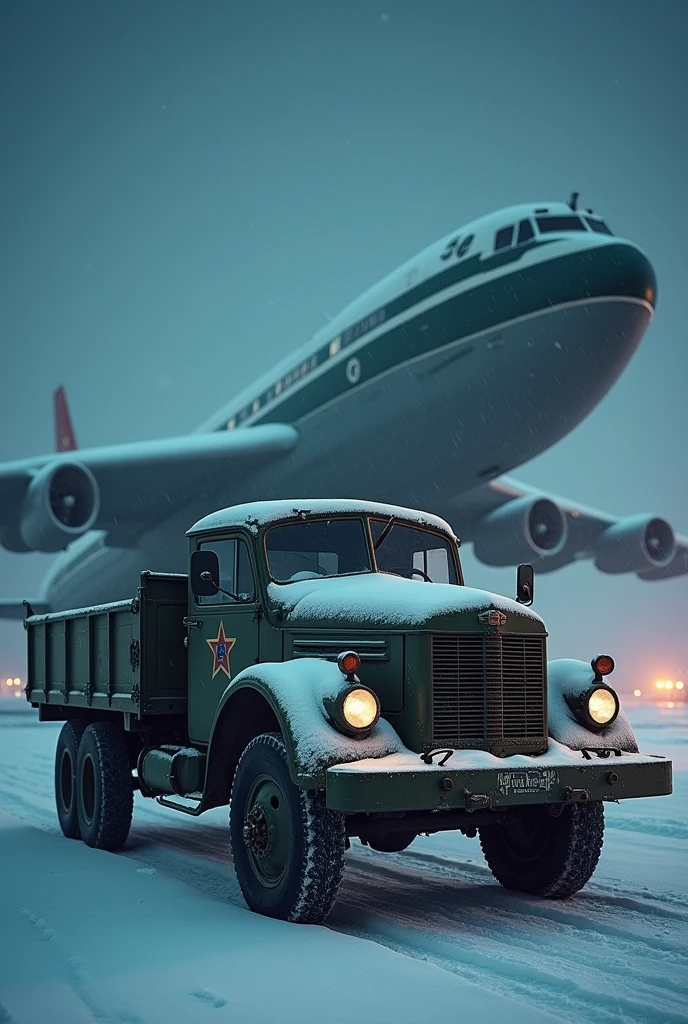 Soviet small furgon vehicle from the 60s, military painting, from the air force, at a snowy, night parked on an air base close to a cargo plane