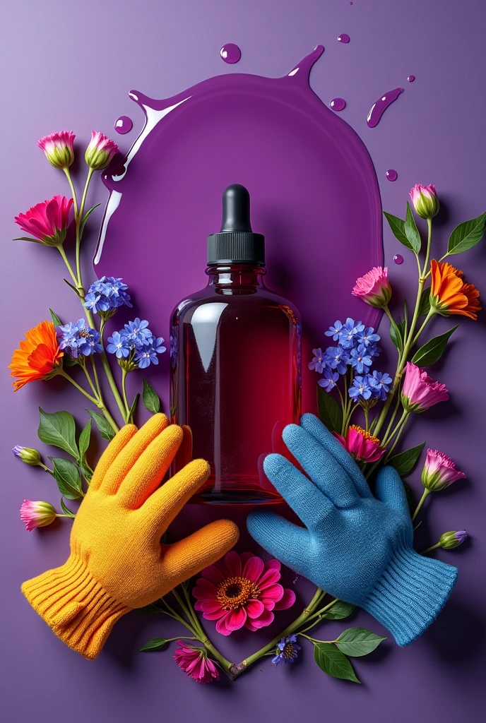 Logo that has a bottle of resin spread out on a purple spot, gloves, flores y gloves 