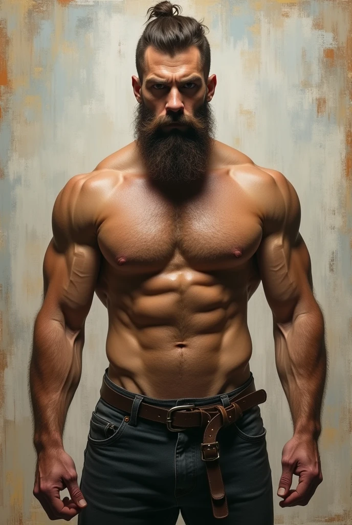 There is a painting,The painting shows a man with a beard、Man in shirt, Technoviking topless male, muscular werewolf, muscular!!, Medium shot of handsome guy, muscular character, muscular!, muscular的姿势, muscular!!!, muscular! White, muscular!! Science Fiction, As a giant, Shirtless :: High Detail, muscular male hero, Super charming and cool