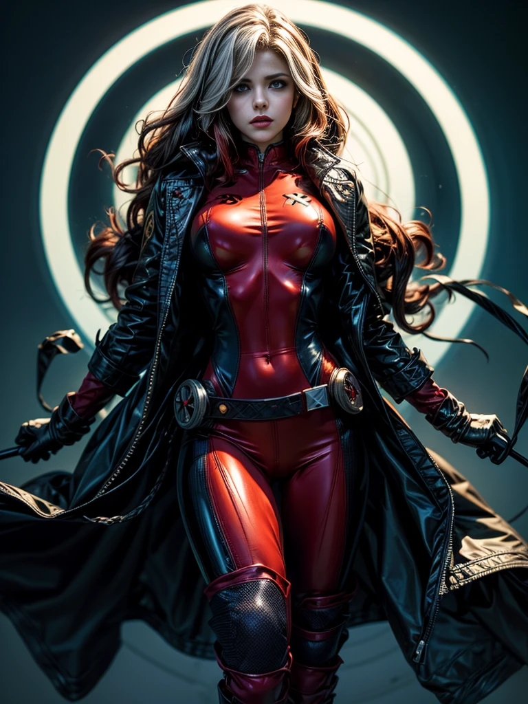 Emily Bett Rickards、masterpiece、High quality 4K、villain (X-Men)、Gothic Girl、Sculpted Body Gothic Makeup、Black jacket、Red and blue bodysuit、masterpiece、Highest quality、Cowboy Shots、One personの、One person、Technology Military Bodysuit、fringe