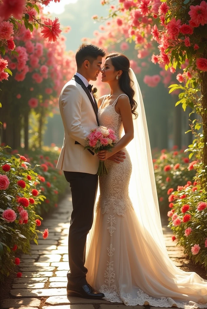 Real pinoy couple wearing wedding gown with back ground arounding flowers 