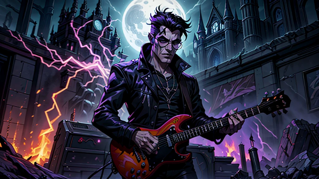 Create a surreal and haunting high fantasy image of a Frankenstein using dark glasses in a rockstar jacket, "Kaelin Darkshadow", playing a flaming guitar while battling a horde of demonic creatures in a mystical, neon-lit arena. called 'Lunar Fang', is a legendary musician who sold his soul to the devil for unparalleled musical prowess. His music has the power to summon spirits and his guitar solos can shatter the very fabric of reality. background castle in fire purple