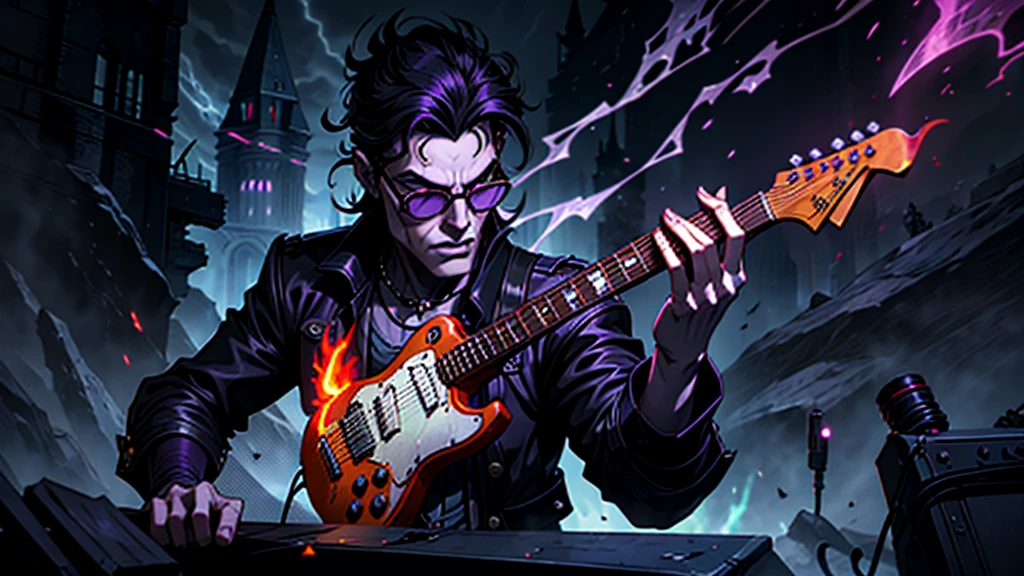 Create a surreal and haunting high fantasy image of a Frankenstein using dark glasses in a rockstar jacket, "Kaelin Darkshadow", playing a flaming guitar while battling a horde of demonic creatures in a mystical, neon-lit arena. called 'Lunar Fang', is a legendary musician who sold his soul to the devil for unparalleled musical prowess. His music has the power to summon spirits and his guitar solos can shatter the very fabric of reality.  background castle in fire purple