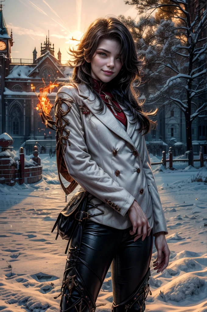 (masterpiece, best quality:1.2), cowboy shot, solo, 1girl, cinder fall, evil smile,holding flames, looking at viewer, long hair, white suit, red shirt, tie, standing outside huge gothic building, snow, trees, (volumetric lighting), sharp focus, hyper detailed
