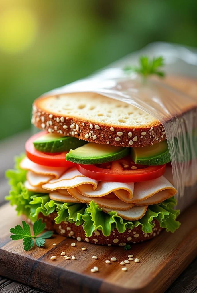 image of a fresh natural sandwich wrapped in plastic film