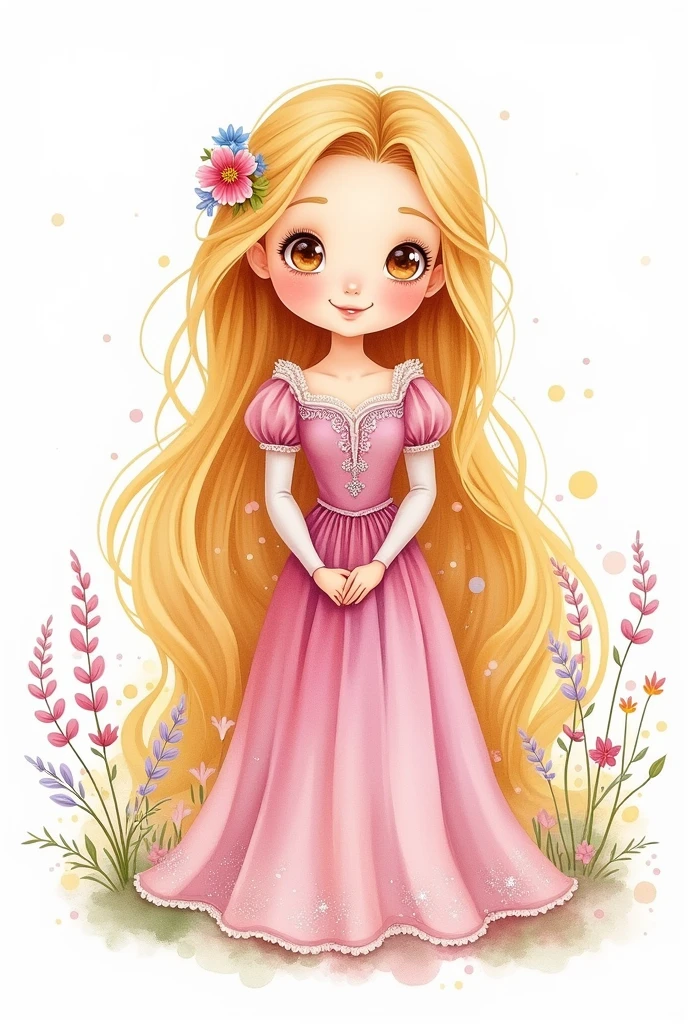 Cute Rapunzel Princess Watercolor White Background