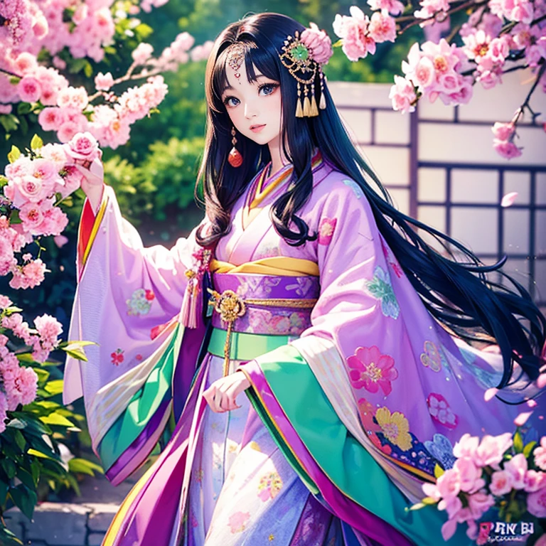 ( High resolution、 Super detailed、masterpiece、Highest quality、8k)、Heian period in Japan、(NHK Taiga Drama、To the Shining One)、Fujiwara Akiko、palace、The Empress of the Palace、Young beautiful woman、Beautiful Face、Beautiful Face、Pretty lips、(12 single coats、Light pink、Light purple、yellow、green、blue、red、White color、Colorful overlapping)、(Full Body Shot)、Long black hair、Jewel Ornament、background、garden、Colorful flowers、Vibrant colors、Detailed Anime、Detailed CG、