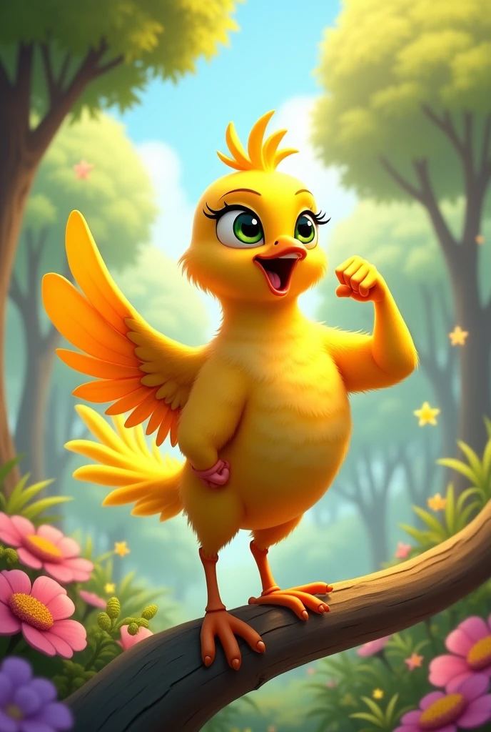 Create an image.
styled: funny animated cartoon
Element: canary bird
Details: female character representing empowerment, showing the arm of strength