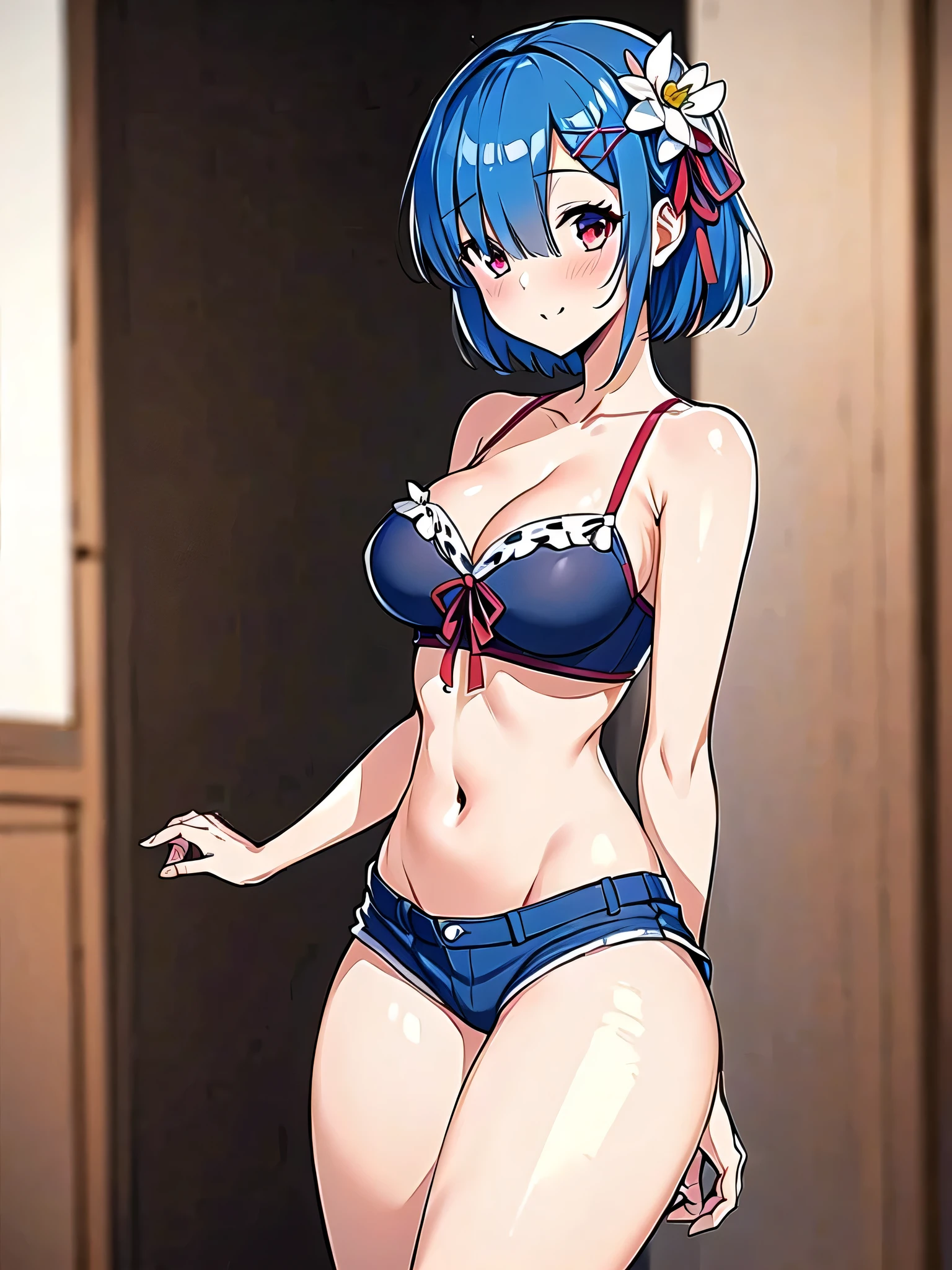 masterpiece, best quality, highres, ram1, 1girl, solo, rem \(re:zero\), blue hair, short hair, red eyes, hair over one eye, ribbon trim, hair ribbon, x hair ornament, frills, crop top white, denim shorts,medium breasts, cleavage, , hair flower, outdoor s, standing, smile, perfect background, perfect light