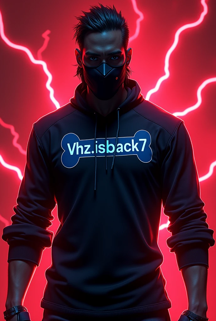 Free fire style male character, with a black bone with a "F" a black mask, with a black shirt with blue written vhz.isback7, with a red background with lightning