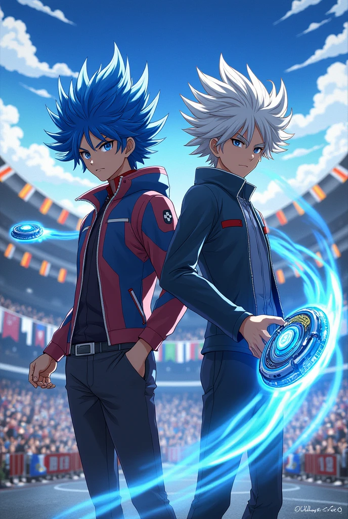 Beyblade valt aoi x shu kurenai valt tem cabelo azul e shu tem cabelo branco o Beyblade de valt e o turbo valtryek e do shu o spryzen