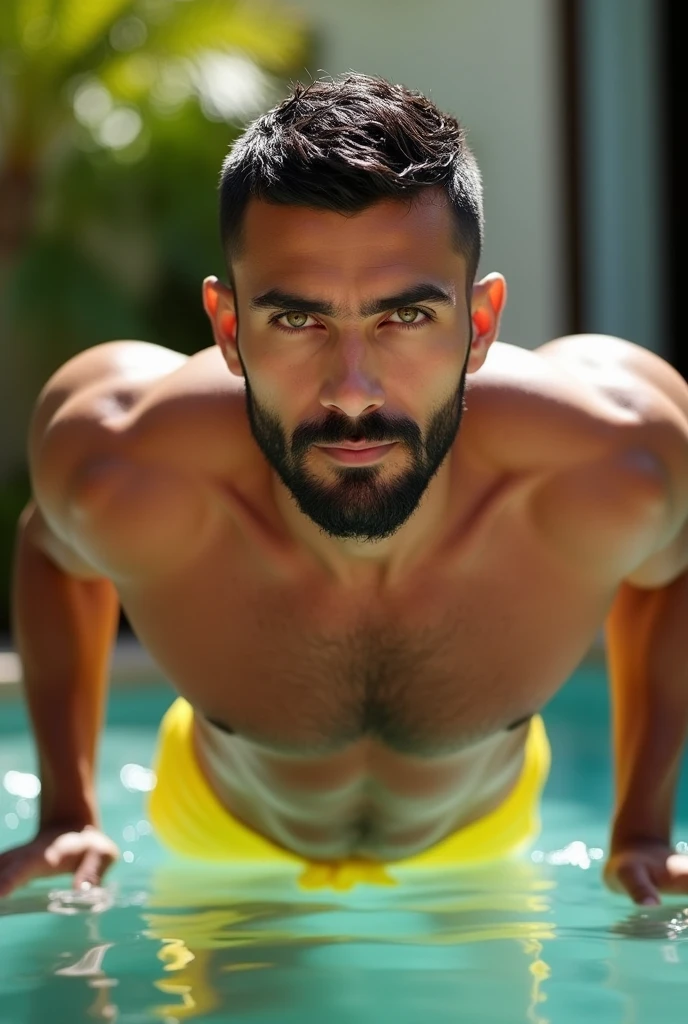 A muscular young man with veins popping out. He has a square face., of Iranian origin, and grows a big beard. Her complexion is tanned. He has short, dark shaved hair.. Ses yeux sont verts clairs et il fixe directement l'objectif de manière . He's in yellow swimwear, by a luxurious private pool and do push-ups.