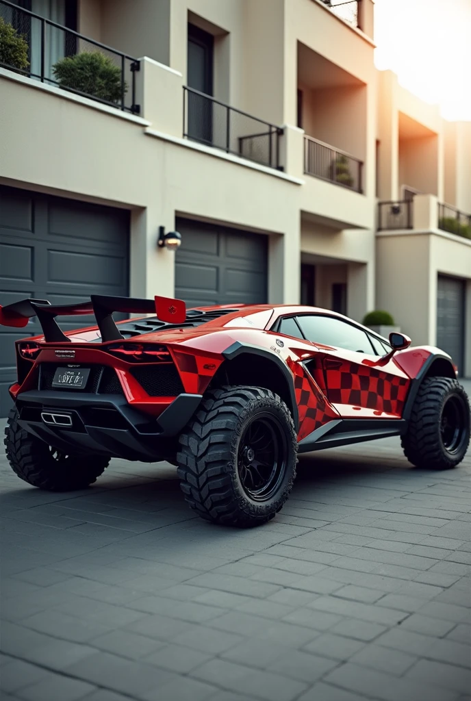 A high-performance sports car with a distinctive red and black checkered body sits low to the ground, its oversized off-road tires gripping the pavement. A large rear wing protrudes from the back, while side mirrors are visible on either flank. The garage door of a residential building looms in the background, as the vehicle's customized features seem to defy conventional expectations. Framed by a bright and airy environment, the car appears poised for action, its aggressive stance hinting at its readiness to tackle both track and trail.