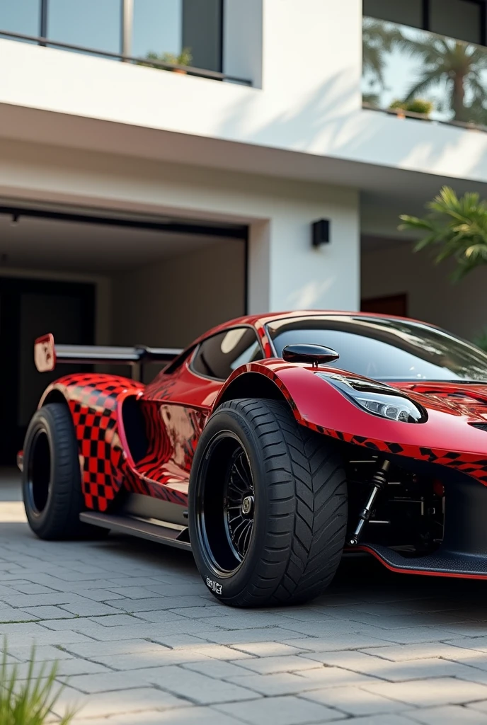 A high-performance sports car with a distinctive red and black checkered body sits low to the ground, its oversized off-road tires gripping the pavement. A large rear wing protrudes from the back, while side mirrors are visible on either flank. The garage door of a residential building looms in the background, as the vehicle's customized features seem to defy conventional expectations. Framed by a bright and airy environment, the car appears poised for action, its aggressive stance hinting at its readiness to tackle both track and trail.