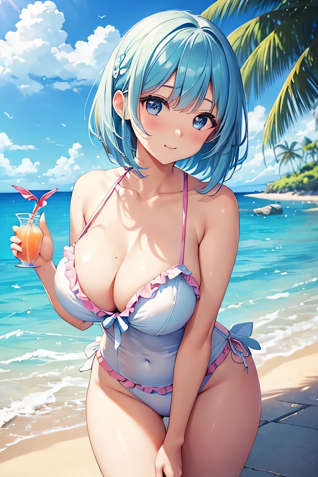 Highest quality、High resolution、Detailed Background、(Beautiful face in every detail:1.4)、Anatomically correct、(Normal number of fingers:1.2)、Highly detailed face、Detailed eyes、age beauty、(Huge breasts:1.2)、Perfect body line、Light color hair、Braided bob cut、Wavy Hairstyle、
crystal clear blue sea stretching out on the white sand beach、swaying gracefully under palm trees、relaxing resort space、
(take a non-alcoholic cocktail in hand while being blown by the sea breeze、women relaxing leisurely:1.5)、
Friends in swimsuits、they jump into the sea with joy、a sense of liberation from stress、enveloped in the pleasant sea breeze and sunshine、enjoying blissful moments、
bikinis with frills and ribbons、cute designs are popular、frills and ribbons give a feminine impression、pink、pastel colors like light blue are recommended、very beautiful