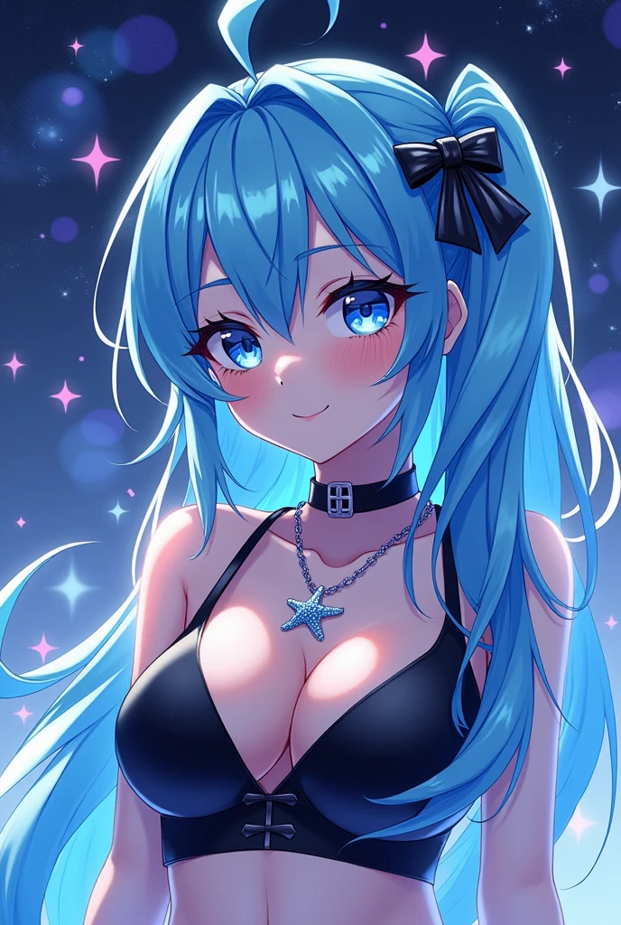 Femboy blue hair with white streaks, black bruncos, scars on the mouth, starfish necklace, anime style bluish white skin 4k