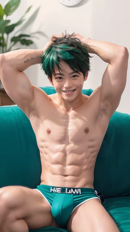 Japanese men、、Well-developed muscles and smooth skin、Fluffy, voluminous, bright green hair、Light blue boxer briefs、See your whole body from head to toe、Smiling friendly and warmly、Hero Academy、Posing on a sofa set