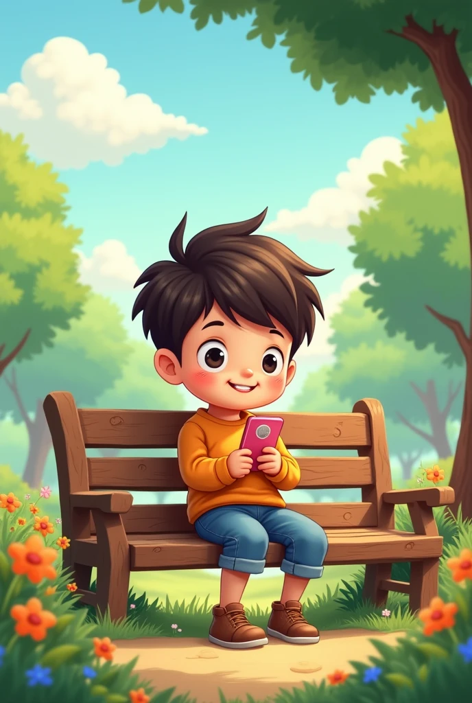 Chibi cartoon of a boy reading on his phone and sitting on a park bench