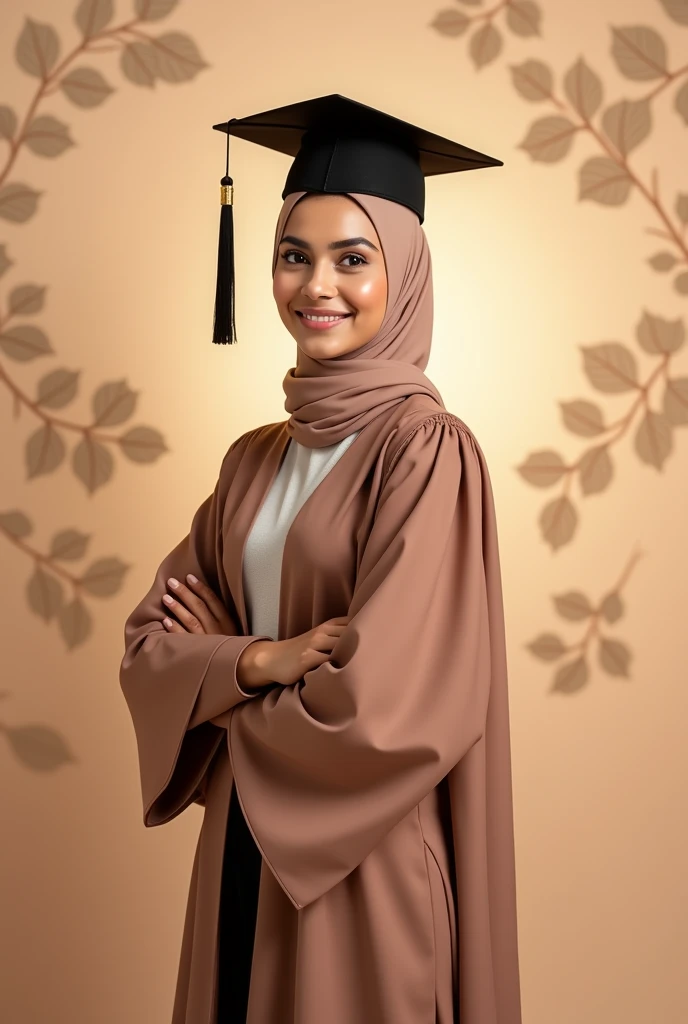 Consept art photography, fan art photography, a women, wearing hijab, wearing black graduation hat, Wearing pastel brown graduation gown, pastel brown theme background, Standing pose, leaf effect background,pastel brown lighting effect,bright results, perfect pose.