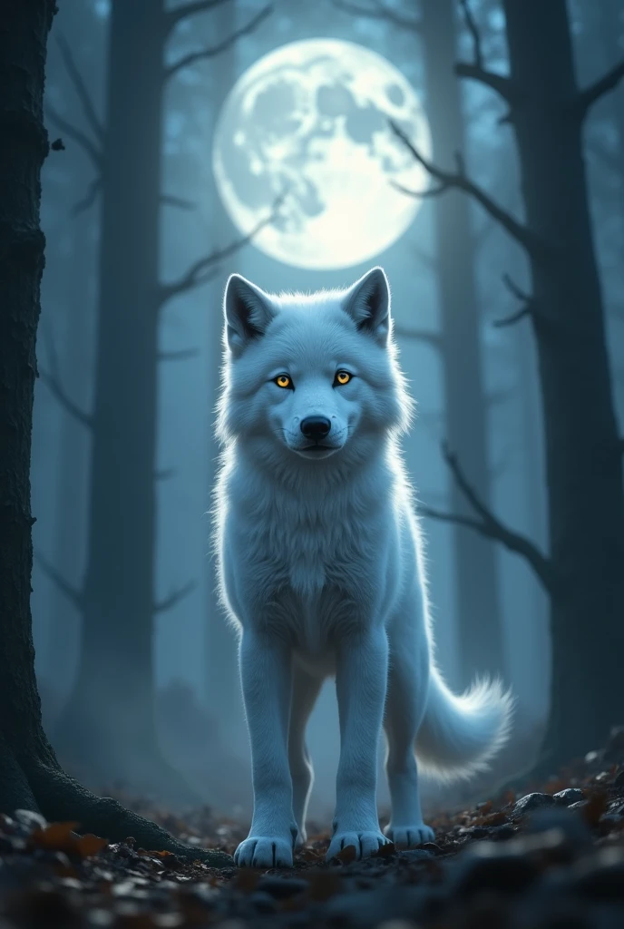 A young werewolf with a youthful ghost-like appearance, white fur, and honey-colored eyes.