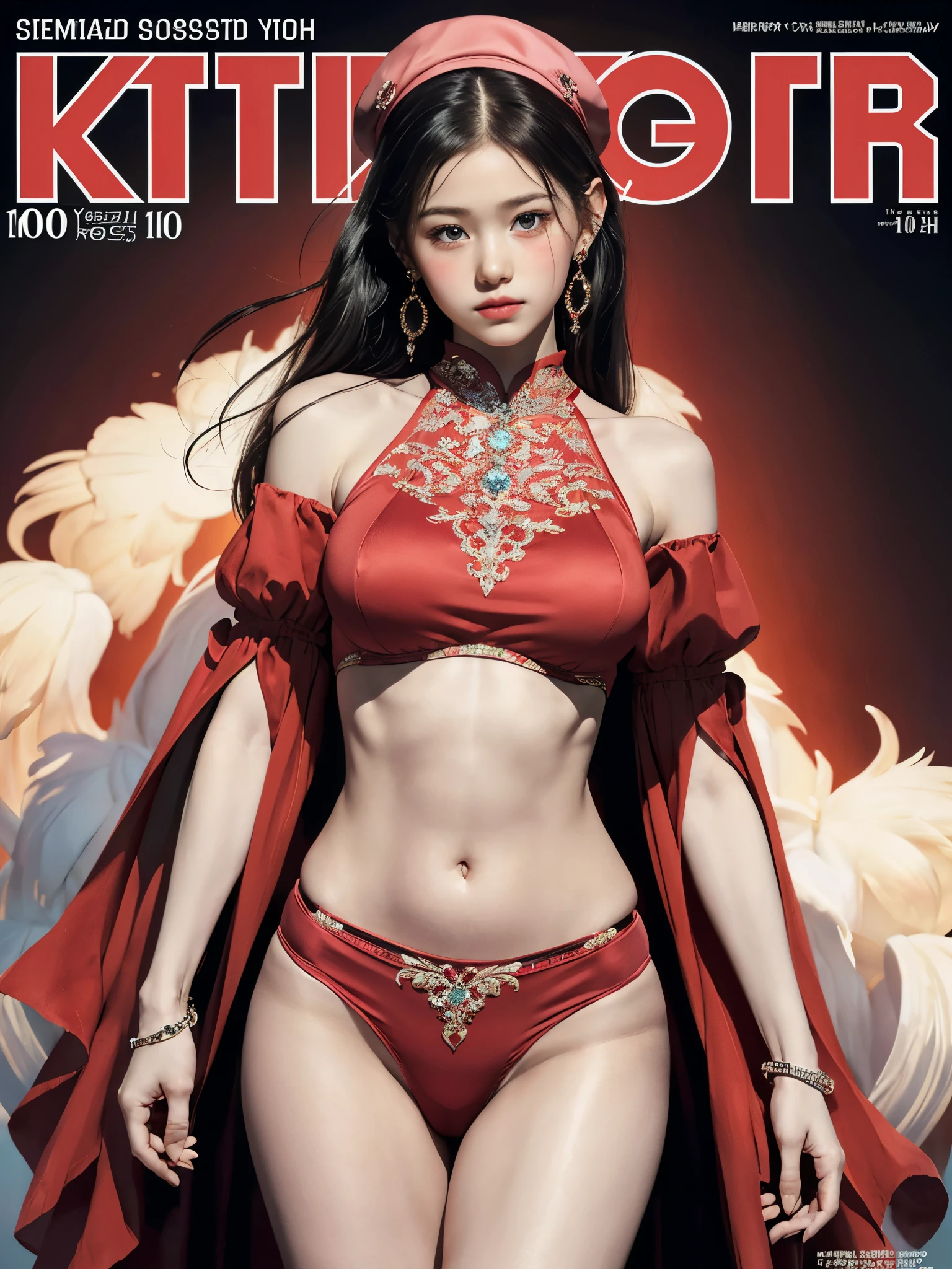 (magazine cover:1.4), (red theme), 1girl, cascading hair to front, detailed face, (looking at viewer:1.2), see-through puffy sleeves, navel, thighs, micro highleg thong, crop top, (10yo, cute:1.6), (breasts:1.2), intricate jewelry hat, (blush:1.2), draped dress, soft lighting, (realistic, photorealistic), masterpiece, highest quality, earrings,