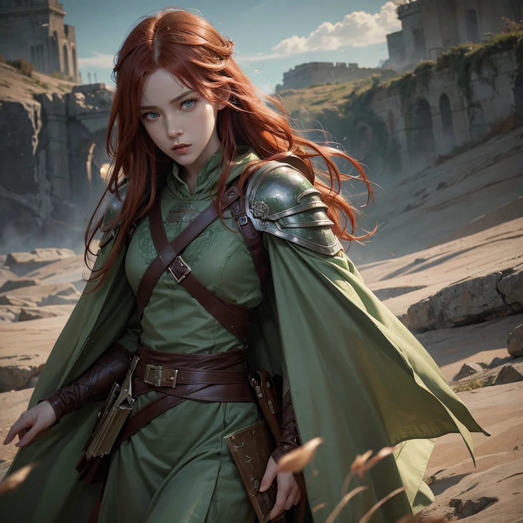 A beautiful redheaded girl, attack on titan inspired character, detailed face, delicate features, piercing green eyes, intricate armor, flowing cloak, dramatic lighting, cinematic composition, muted color palette, digital painting, photorealistic, 8k, ultra-detailed, masterpiece