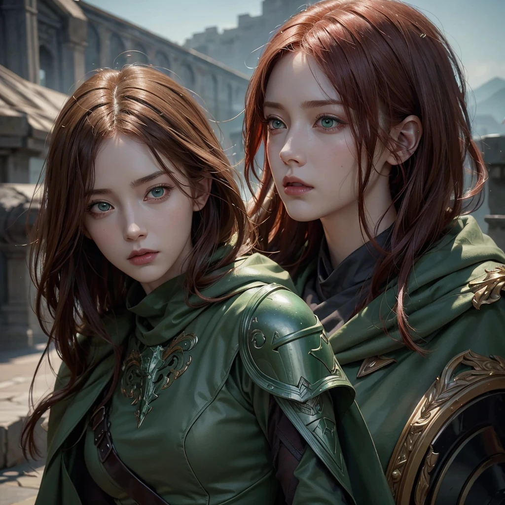 A beautiful redheaded girl, attack on titan inspired character, detailed face, delicate features, piercing green eyes, intricate armor, flowing cloak, dramatic lighting, cinematic composition, muted color palette, digital painting, photorealistic, 8k, ultra-detailed, masterpiece