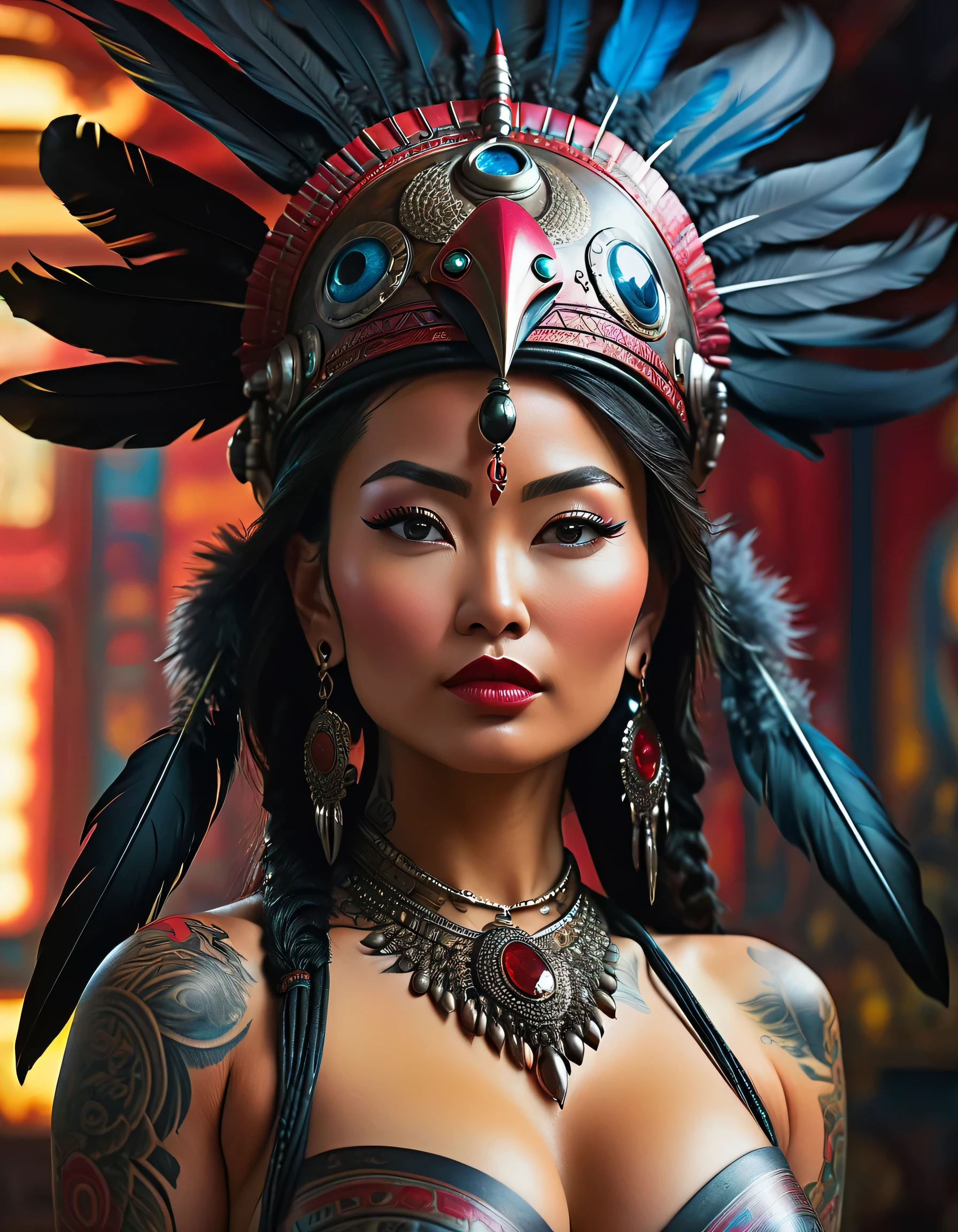 full body view, topless, , oil painting style, spaceship interior, beautiful naked and busty Mongolian woman, tatoo, ruby jewels, black feather headdress, face detailed, detailedeyes, detailed lips, extremely detaild, details Intricate, cinematic lighting, dramatic shadows, bright coloured, photorrealistic, 8k, high qualiy, work of art, digitl art