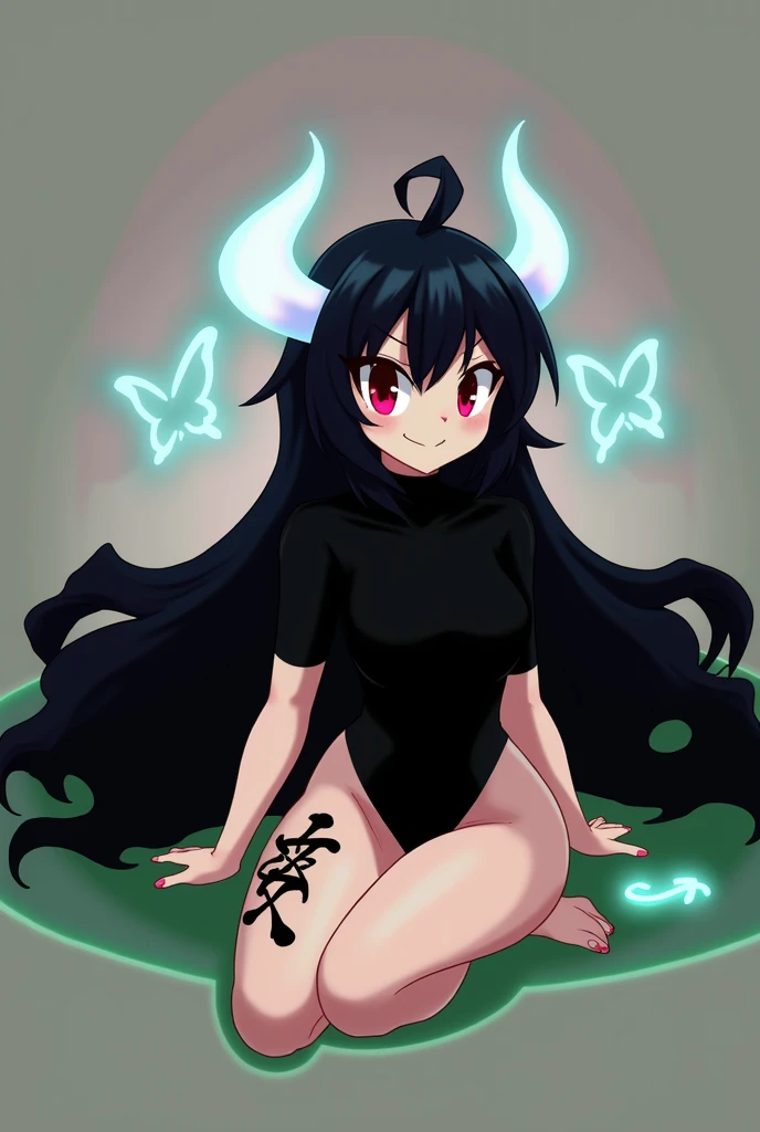 Anime mommy with black hair Tied up and messy in the front and white horns and sexy bodysuit, with red eyes And a naughty face Also put big butterfly tattoo On one thigh and Japanese letters on the other thigh