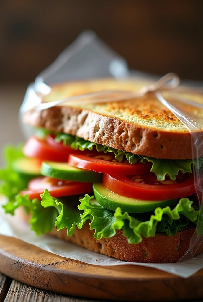 image of a fresh natural sandwich wrapped in plastic film