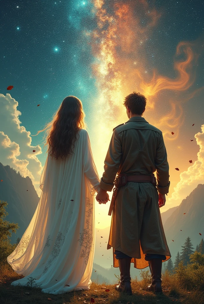 Two worlds and two people with their backs turned.
