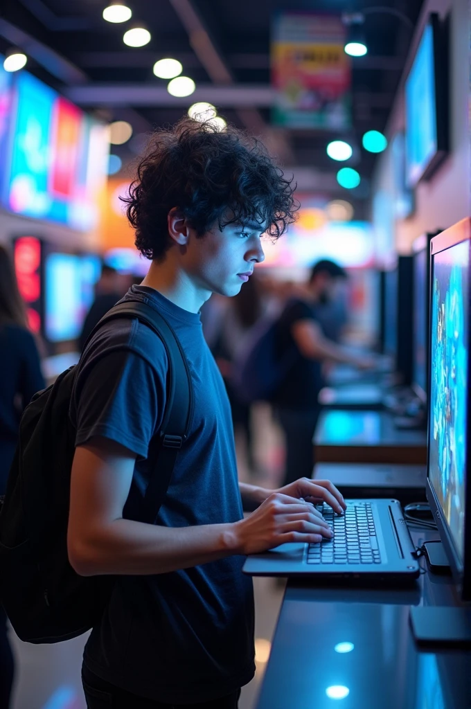 Young man looking at a computer in a computer store with several people