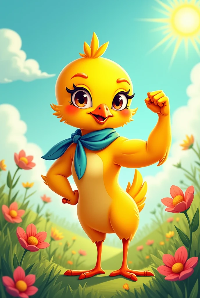 Create an image.

styled: funny cartoon
Element: canary bird
Details: female character representing empowerment, showing the arm of strength and handkerchief on the head 
