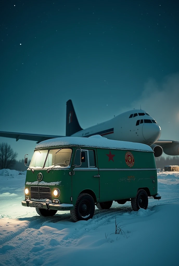Soviet small van from the 60s, military painting, from the air force, at a snowy, night parked on an air base close to a cargo plane