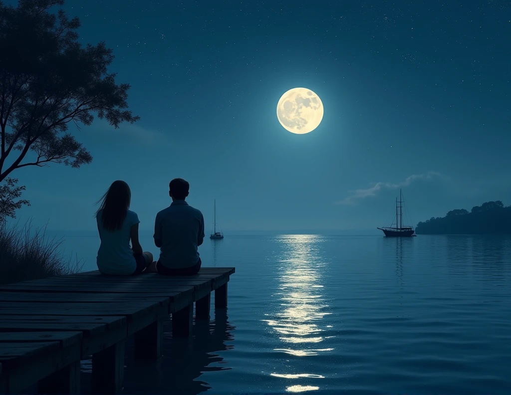 a full moon night in a harbor, two people sitting by the edge of a pier, under a starry sky