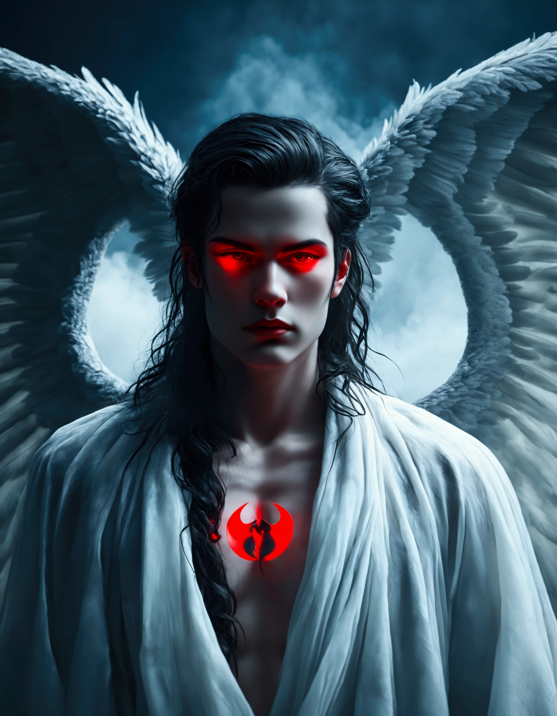 Fantasy-style illustration featuring a dramatic and intense scene. The layout is vertical, with a large, ethereal figure on the right side, draped in flowing white robes and possessing large, detailed wings. The figure has a serene, almost sorrowful expression, with pale skin and long, flowing hair. On the left side, Guts, the Black Swordsman, its massive blade glowing with a faint blue light. His face is partially obscured by his helmet, revealing a determined expression. The background is filled with swirling red mist and indistinct forms, adding to the chaotic and otherworldly atmosphere. The overall color palette is dominated by shades of red and white, creating a stark contrast between the two figures. At the bottom center, a circular logo bears the text 'Artvision1999' in a gothic font, subtly blending into the ominous environment.anime, anatomicamente correto, superdetalhado, alta qualidade, 4K
