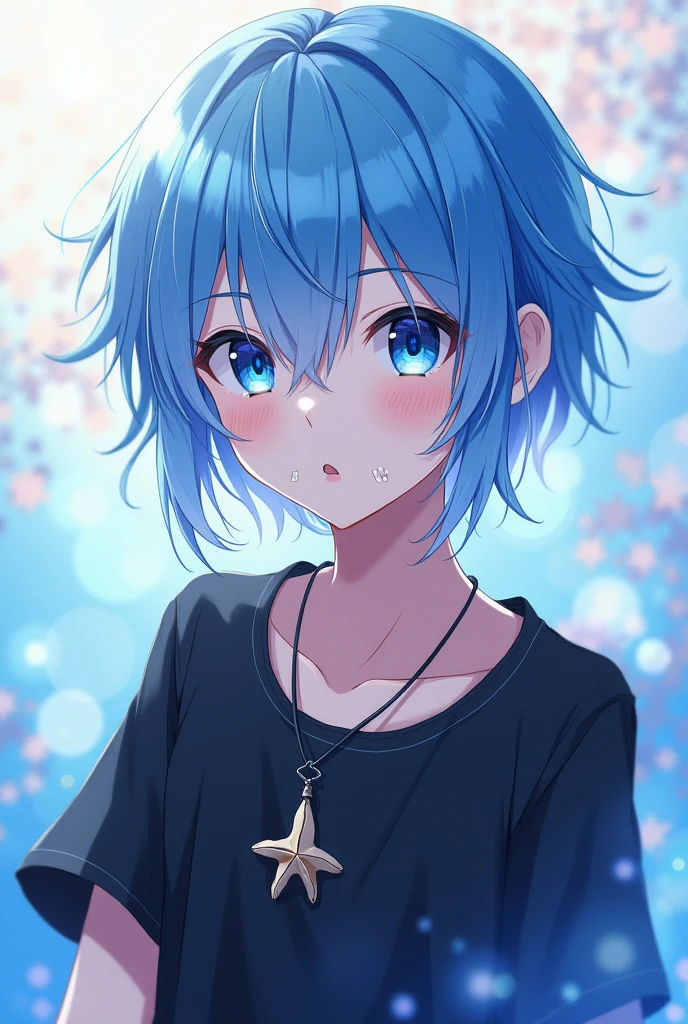 Effeminate boy with blue hair and white highlights, black bruncos, scars on the mouth, starfish necklace, anime style bluish white skin 4k