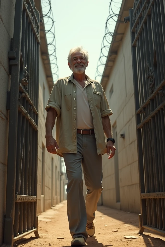 (photorealism:1.2), man walking out of jail happy