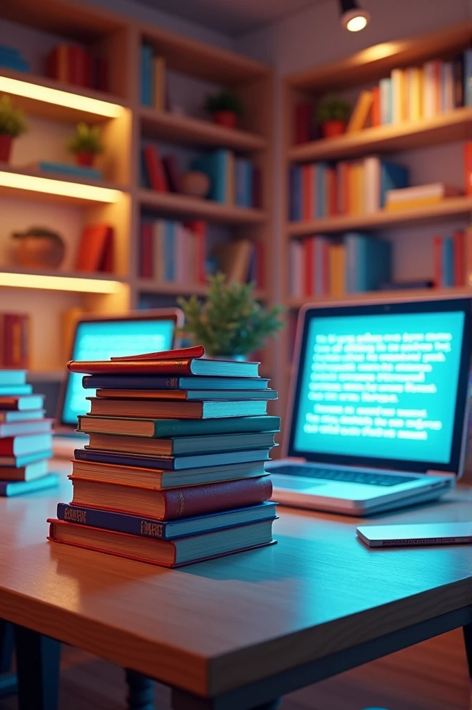 a 3D image with books, computers and texts for me to put on the cover of a work
