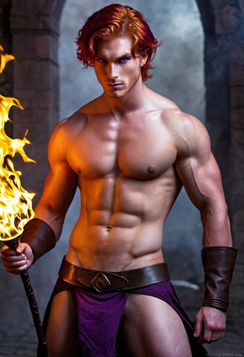masterpiece)), ((best quality)), ((highres)),Rogue,nude, sexy, Red Hair,man, handsome, muscular, fantasy, art,magic,young man,young, handsome,fire, purple eyes, purple eyes,large dick