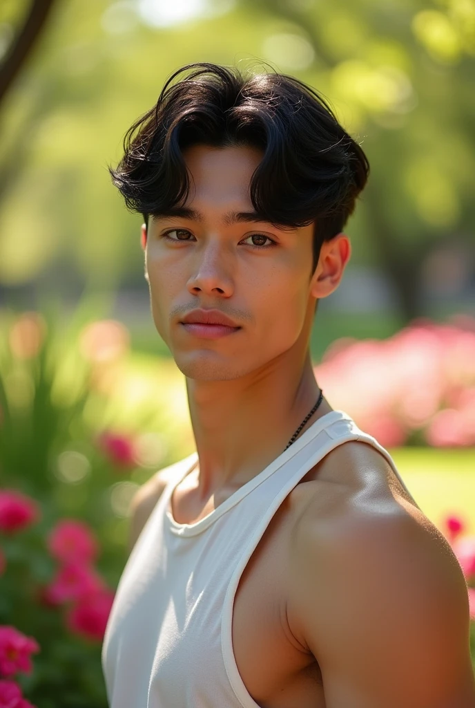 A man with white skin, black hair, 19 years old, aquiline nose, dark brown eyes, semi-populated eyebrows and a mole on his left cheek.