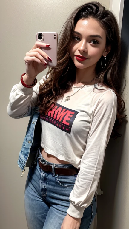 A 25-year-old woman, Alone, Dark brown hair, medium wavy at the end, below the shoulders and straight ,looking at the viewer, detailed eyes, shy smile,jewelry, medium breasts, earrings,belt, blue denim jacket over white fitted t-shirt, blue jeans pants ,transparent cinnamon color pantimedias, white nike sneakers, silver necklace, red bracelet , Lips,((Selfie Posture ))