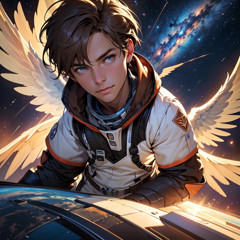 a muscular and handsome angel, brunette, with light brown hair, two galactic wings on his back, in space surrounded by stars, with a celestial planet in the background, (best quality,4k,8k,highres,masterpiece:1.2),ultra-detailed,(realistic,photorealistic,photo-realistic:1.37),celestial, space, wings, angel, muscular, handsome, brunette, light brown hair, six wings, planet, stars, galaxy, dramatic lighting, cinematic, hyperrealistic