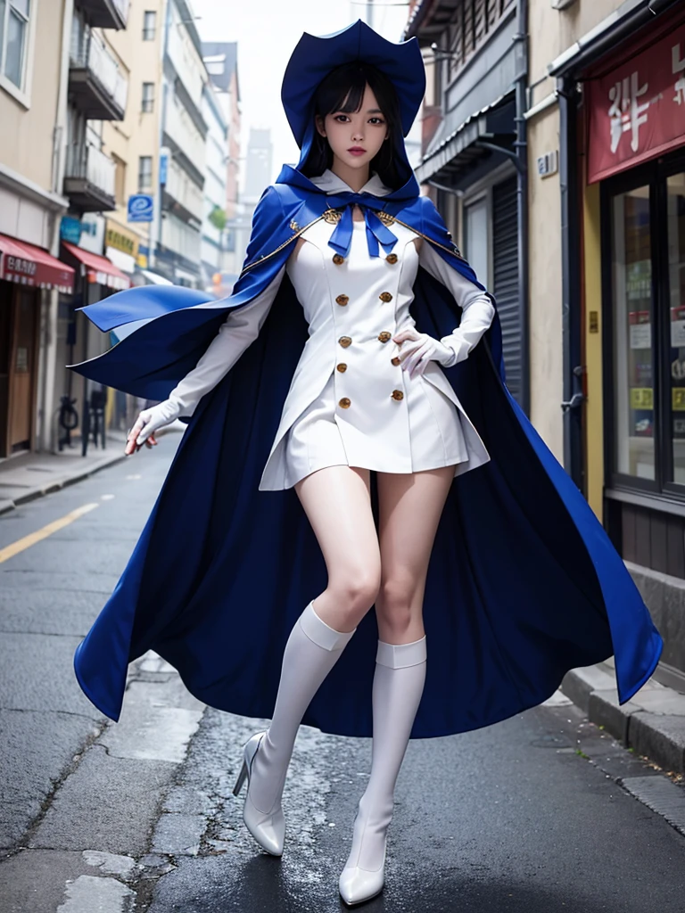 South korea women mystery hooded on with modern royal Blue coat with buttons and royal Blue cape and very high white heel over the knee and white gloves, As she reveals a small secret hidden blade, adding to the characters mysterious, with small movements of air on the cape, in summer at night under the rain, with buildings featuring curved eaves and detailed architecture. sophisticated and highly detailed, ultra hd, realistic, hyper detailed, enhanced colours, ultra sharp focus, with vibrant, rich in details High quality, gorgeous, captivating, 8k, super detailed, stunning shadows, detailed lines, blood stain on clothes and walls, corpses in the street recently murdered