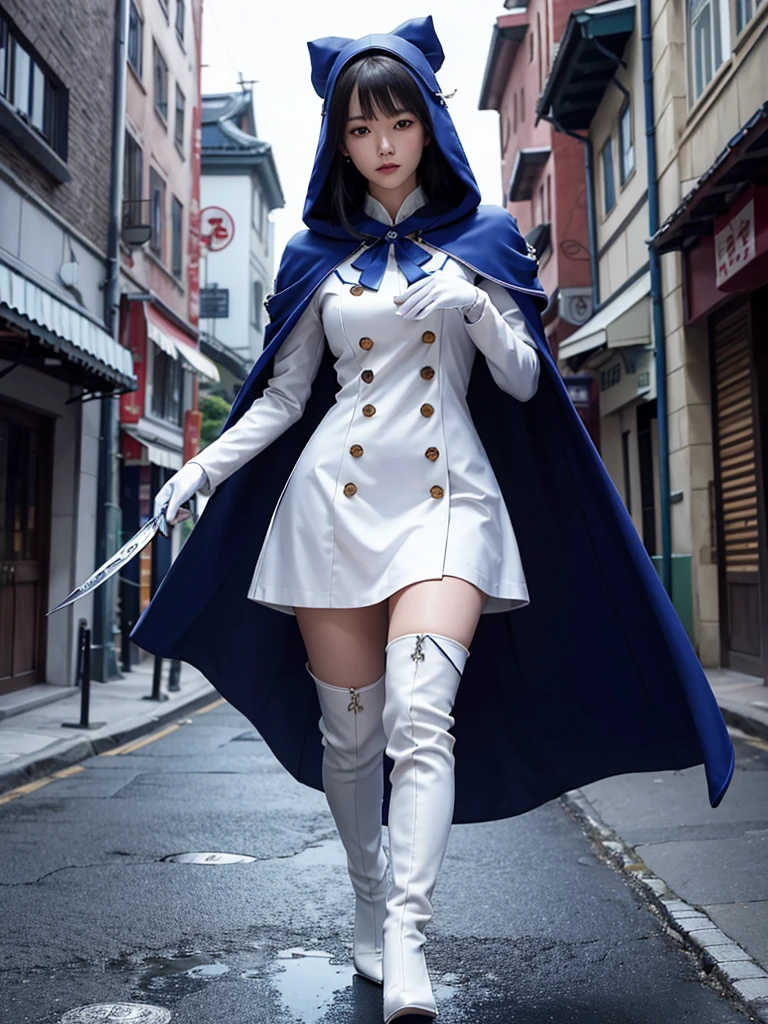 South korea women mystery hooded on with modern royal Blue coat with buttons and royal Blue cape and very high white heel over the knee and white gloves, As she reveals a small secret hidden blade, adding to the characters mysterious, with small movements of air on the cape, in summer at night under the rain, with buildings featuring curved eaves and detailed architecture. sophisticated and highly detailed, ultra hd, realistic, hyper detailed, enhanced colours, ultra sharp focus, with vibrant, rich in details High quality, gorgeous, captivating, 8k, super detailed, stunning shadows, detailed lines, blood stain on clothes and walls, corpses in the street recently murdered