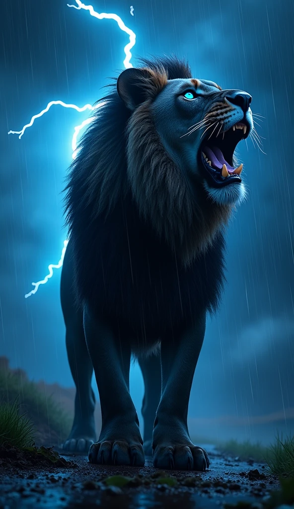 Create a super hyper mega ultra realistic 8k image of a black lion with very real 8k fur, with strong and realistic blue eyes roaring at night in the rain, looking up at the sky.