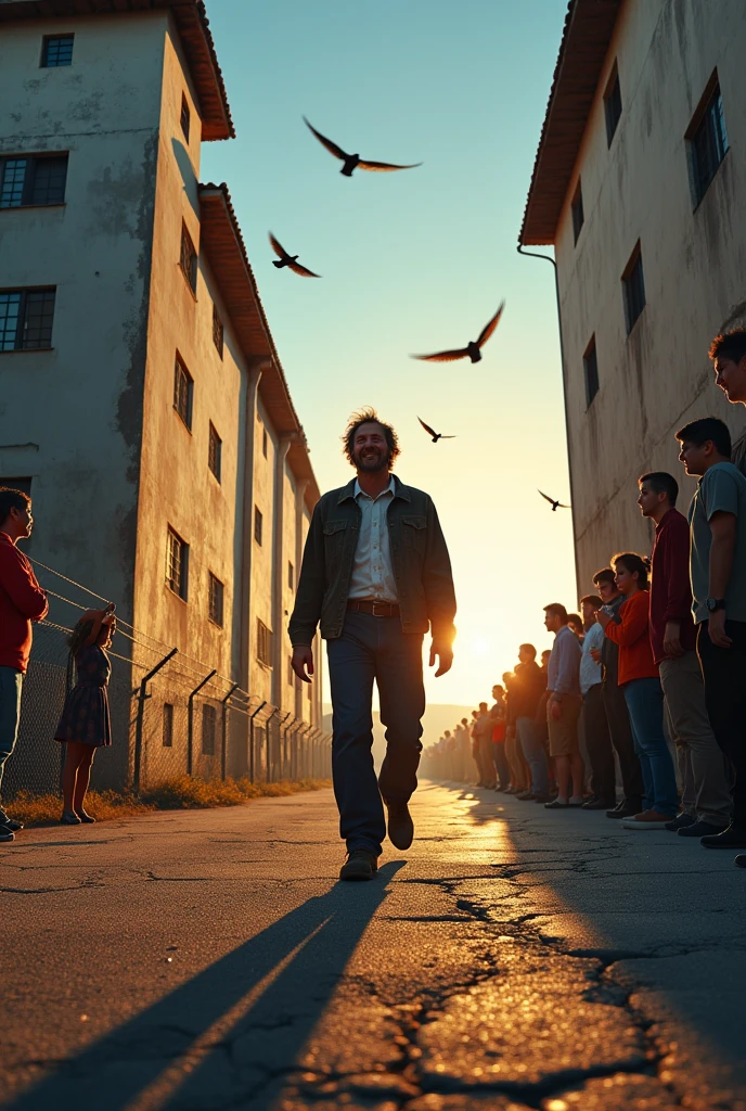 (photorealism:1.2), man walking out of jail happy 