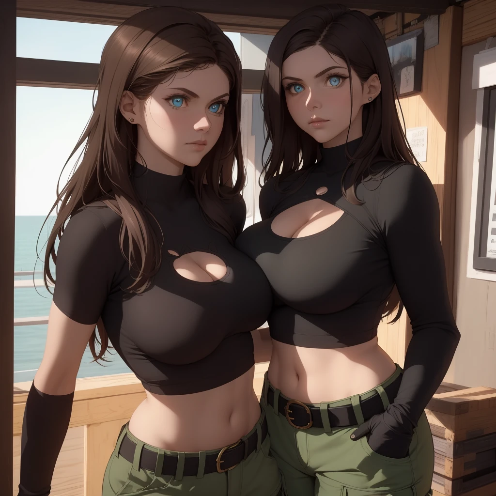 Best_QualityPos, RAW photo, intricate details, best quality, 8k uhd, soft lighting, 4lex4ndr4 cosplaying as Kim Possible, her face looks exactly like alexandradaddario, 1girl, solo, blue eyes, brunette, long hair, shapely lips, black gloves, skintight black shirt that clings tightly to her nipples, crop top, cleavage cutout, exposed midriff, long sleeves, belt, belt pouch, green cargo pants, cinematic quality, eye symmetry, symmetrical beautifully-stunning eyes and pupils, same-sized eyes, photo-realistic, lifelike, live-action, real person,