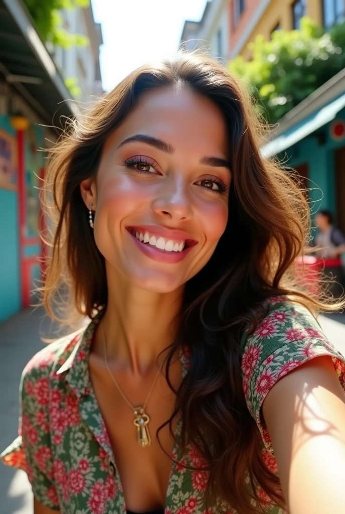 A selfie of a white Brazilian woman with brown hair , wearing an open shirt, showing off your natural charm and outgoing personality.